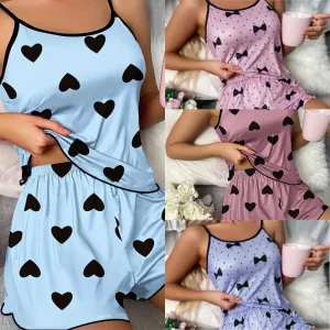 Women Ice Silk Heart Print Pajamas